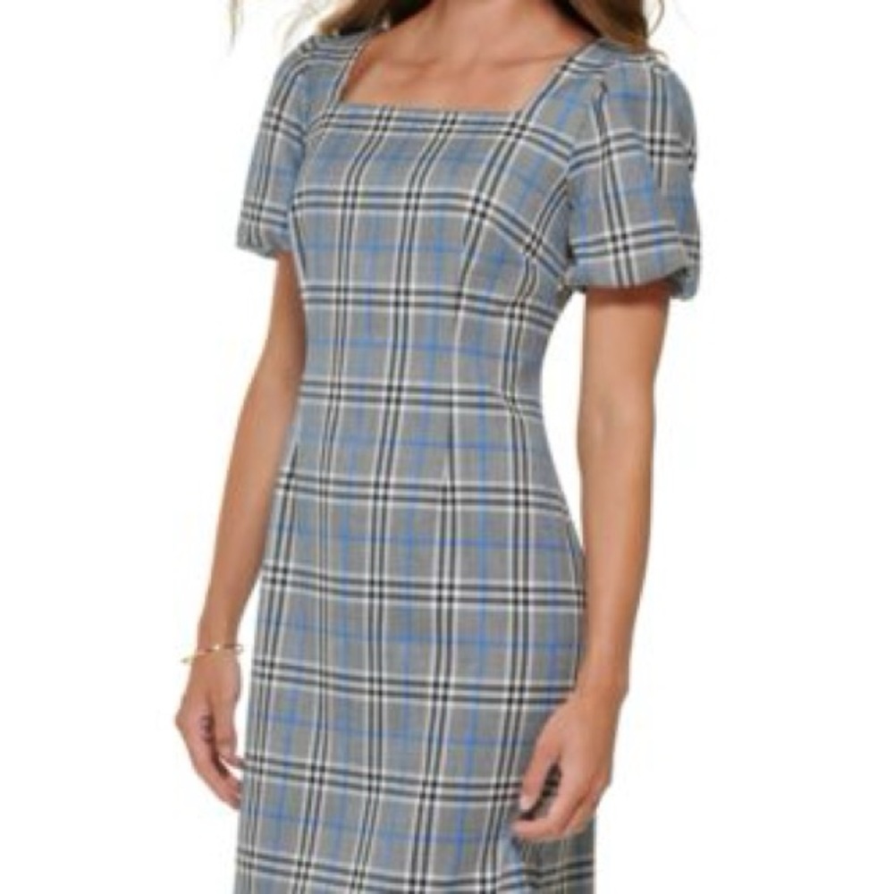 DKNY Blue and Black Plaid Midi Dress